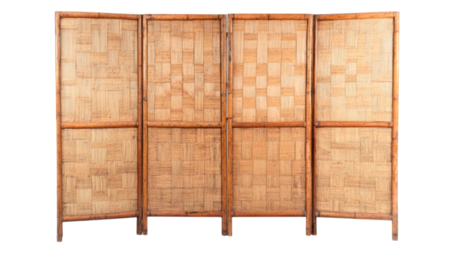 Three panel folding screen room divider made of natural bamboo, showcasing rustic and warm aesthetic. This versatile piece
