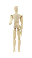 wooden man, wooden dummy, extending hand for handshake, isolated from background