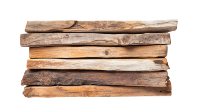 Stack of uneven rustic wooden slabs with varying thickness and textures, showcasing natural wood colors and patterns