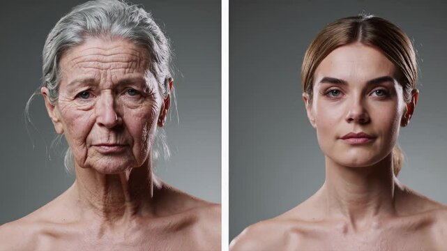 Aging transformation concept: young woman to elderly journey