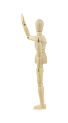 wooden man, wooden dummy, waving greeting with raised hand, isolated from background