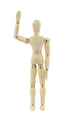 wooden man, wooden dummy, waving greeting with raised hand, isolated from background