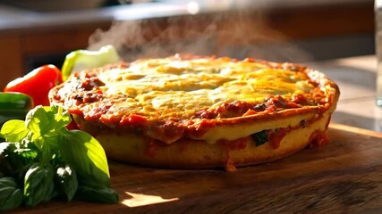 A hot, steaming, round, deep-dish pizza pie sits on a wooden cutting board, surrounded by fresh vegetables and herbs - Powered by Adobe