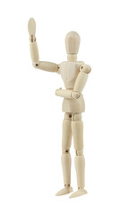 wooden man, wooden mannequin, holding his stomach and raising his hand asking for help, isolated on background