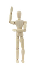 wooden man, wooden mannequin, holding his stomach and raising his hand asking for help, isolated on background