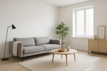 A cat sleeping peacefully on a cozy couch in a living room with a table and a plant nearby.
