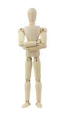 wooden man, wooden mannequin, arms crossed on chest, isolated on background