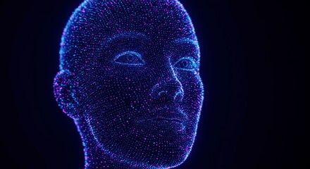 A digital human head, made of vibrant glowing blue and purple points, on a dark background