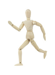 wooden man, wooden mannequin, in running pose, isolated on background