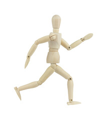 wooden man, wooden mannequin, in running pose, isolated on background