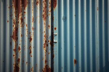 Rustic corrugated metal wall with patches of rust and peeling paint.  A blend of weathered blue and rusty brown tones.