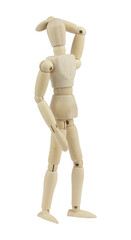 wooden man, wooden mannequin, holding head, headache or forgetfulness concept, isolated on background
