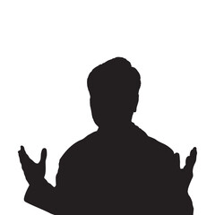 Silhouette of a figure gesturing with open hands, a stark contrast against a white backdrop.