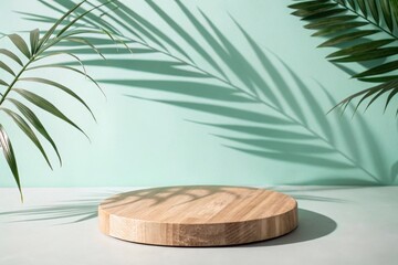Obraz premium Elegant Wooden Round Base with Palm Leaf Shadow Overlay