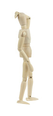 wooden man, wooden mannequin, holding head, headache or forgetfulness concept, isolated on background