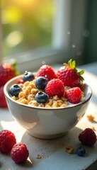 A bowl of vibrant summer cereal with fresh berries and milk, bathed in sunlight Perfect for a healthy and delicious breakfast or snack Enjoy the taste of summer!, healthy eating, food