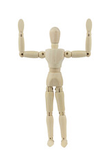 wooden man, wooden dummy, raised hands up in surrender, isolated on background