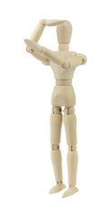 wooden man, wooden mannequin looking into the distance isolated on background