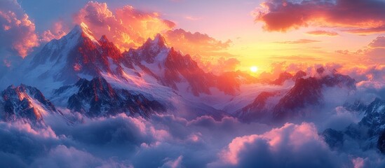 Fototapeta premium Snowy mountain peaks at sunset above clouds, aerial view