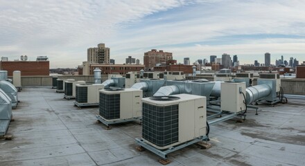 Fototapeta premium A rooftop scene showcases industrial air conditioning units, metal ducts, and a city skyline on a cloudy day