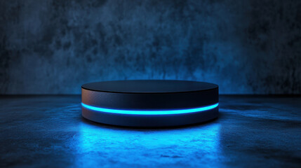 Sleek matte black futuristic pedestal with subtle blue glow, perfect for modern product placement and high-tech branding visuals