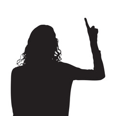 Silhouette of a person with curly hair pointing upwards on a white background. Isolated figure.