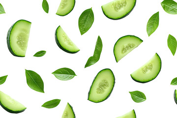 Pattern of realistic cucumber slices isolated on a white transparent background