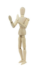 wooden man, wooden mannequin, pushing away gesture with hands, isolated on background
