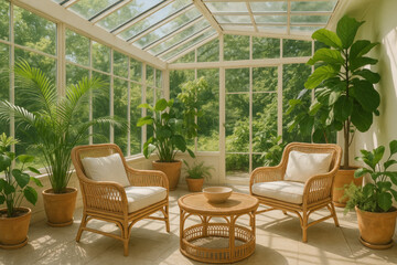 Fototapeta premium Chairs arranged in a conservatory filled with lush plants.