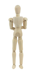 wooden man, wooden mannequin, hands behind back, isolated on background