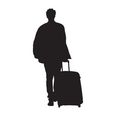 Silhouette of a traveler pulling a suitcase, hinting at journeys, arrivals, and departures.