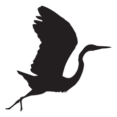 Silhouette of a heron in flight, wings outstretched against a white background, graceful bird.
