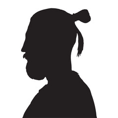 Silhouette Profile of Bearded Man with Topknot Hairstyle on White Background