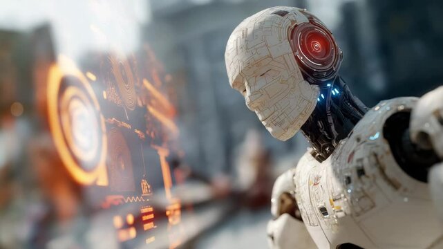 robotic hand touches futuristic touchscreen interface symbolizing the future of artificial intelligence digital communication and seamless interaction between humans and advanced technology systems