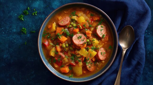 German-style pea stew with sausage on dark blue background
