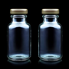 Two empty glass bottles with golden lids isolated on a sleek black surface