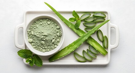 Obraz premium Natural skincare ingredients showcasing aloe vera and green powder on a tray
