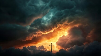Fototapeta premium A cross against dramatic sky during storm, symbolic and powerful