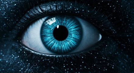 Obraz premium Close-up of a vibrant blue eye, detailed iris, and dark, circuit-patterned skin around it