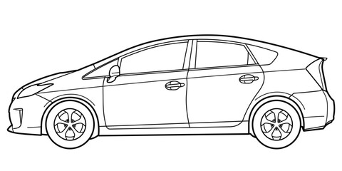 Classic city family class hatchback car. 5 door car, modern style on white background. Side view shot. Outline doodle vector illustration