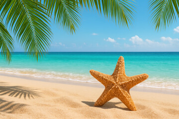 Fototapeta na wymiar Starfish on beach with palm leaves.