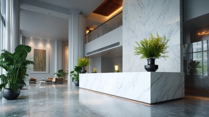 Upscale lobby with elegant marble walls and modern decor.