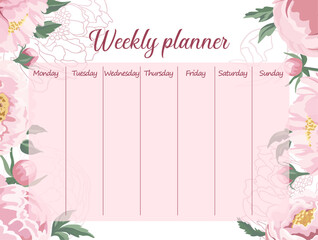 Pink weekly planner with beautiful peonies flowers for girls
