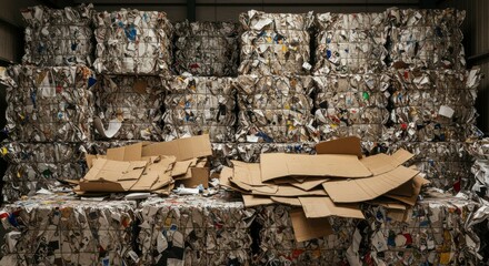 Stacked bales of compressed mixed paper and cardboard awaiting recycling process