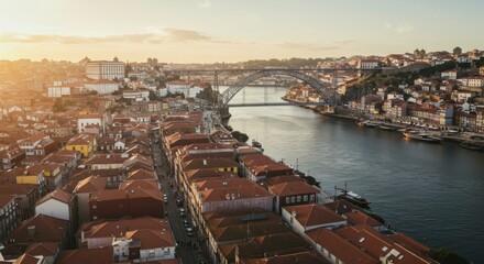 Fototapeta premium An aerial view of a European cityscape, featuring a river, bridge, and rows of colorful buildings under a sunset
