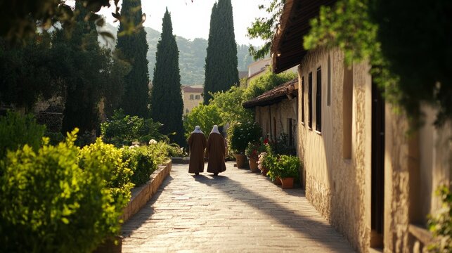 Christian nuns walking in monastery garden, traditional robes, peaceful setting