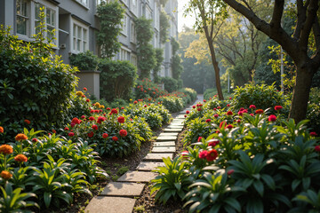 A sunlit pathway winds through a vibrant garden, showcasing a variety of colorful flowers and lush greenery. The path leads towards a modern apartment building.