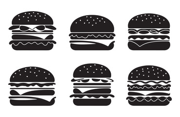 Set of burger icons with cheese and sesame buns for food branding.