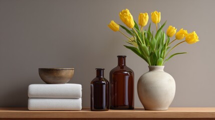 The image features a serene and inviting bathroom scene with various elements for relaxation and hygiene.