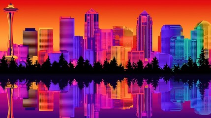 Colorful city skyline reflecting on water at sunset.